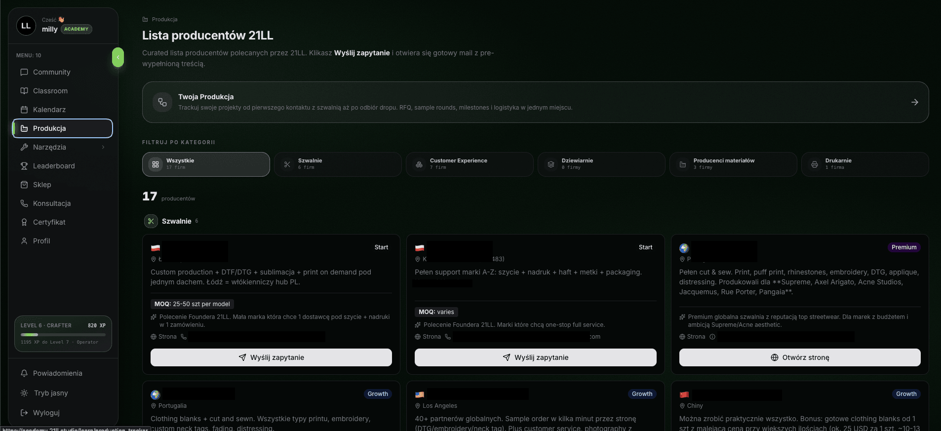 Lista 30+ producentów, ekran z aplikacji 21LL Academy